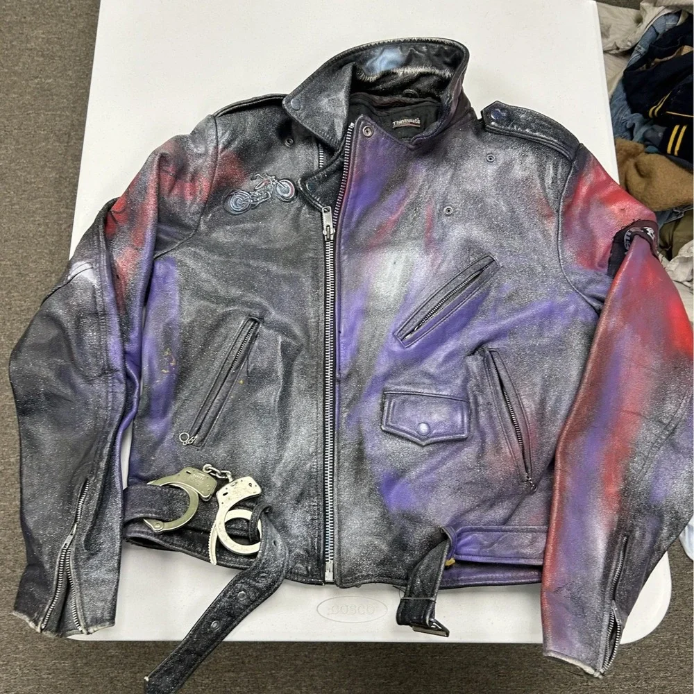 Vintage Leather Biker Jacket Mens XL Black Purple Fair Custom Spray Paint Punk
